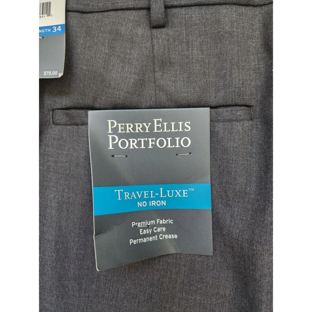 NWT Perry Ellis Portfolio Travel Luxe Dress Pants Charcoal No Iron 38x34 Mens